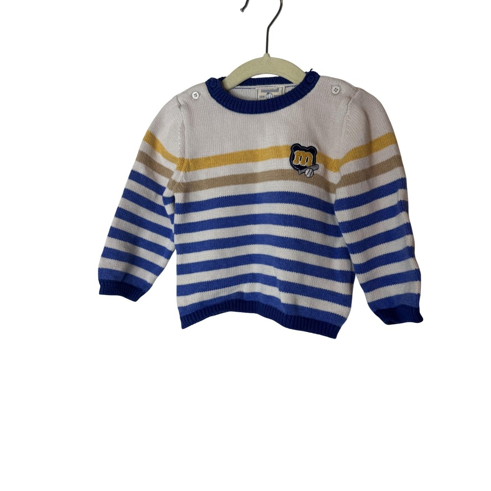 Mayoral Sweater Boys 9-12 Months Blue Striped Bear Baseball Knit Pullover